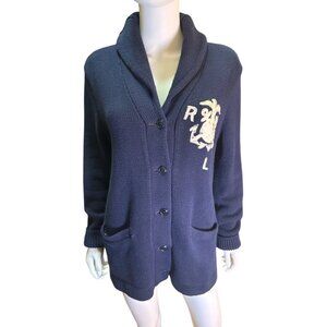 Polo Ralph Lauren Navy Blue Cardigan Sweater Anchor Logo Patch Mens Sz M EUC